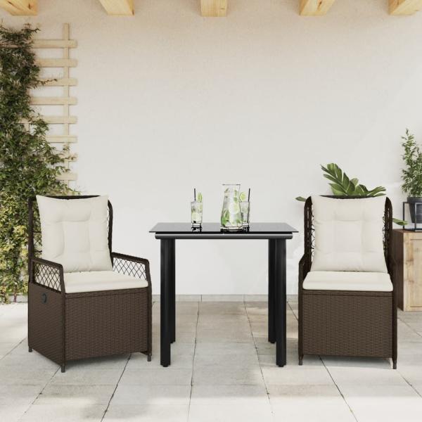 ARDEBO.de - 3-tlg. Garten-Essgruppe mit Kissen Braun Poly Rattan