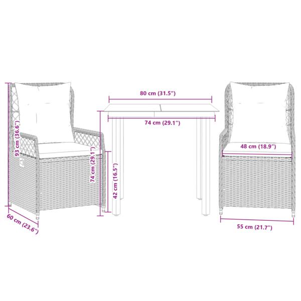 3-tlg. Garten-Essgruppe mit Kissen Braun Poly Rattan