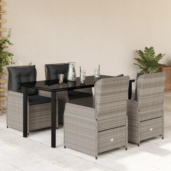 ARDEBO.de - 5-tlg. Garten-Essgruppe mit Kissen Hellgrau Poly Rattan