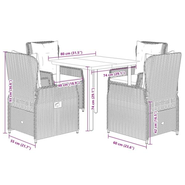 5-tlg. Garten-Essgruppe mit Kissen Braun Poly Rattan