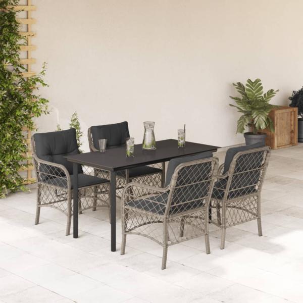 ARDEBO.de - 5-tlg. Garten-Essgruppe mit Kissen Hellgrau Poly Rattan