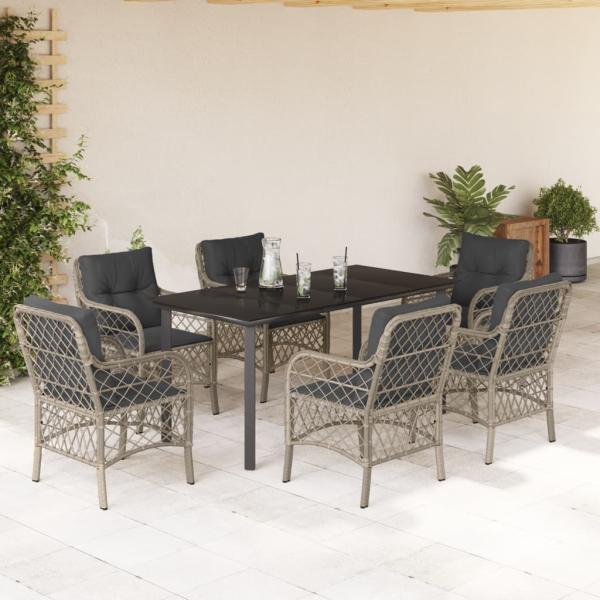 ARDEBO.de - 7-tlg. Garten-Essgruppe mit Kissen Hellgrau Poly Rattan