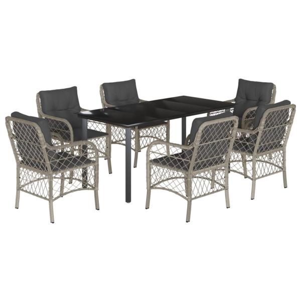 7-tlg. Garten-Essgruppe mit Kissen Hellgrau Poly Rattan