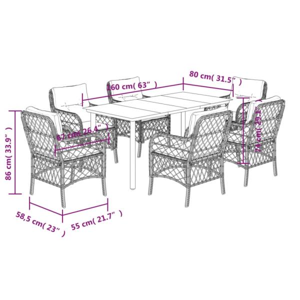 7-tlg. Garten-Essgruppe mit Kissen Hellgrau Poly Rattan