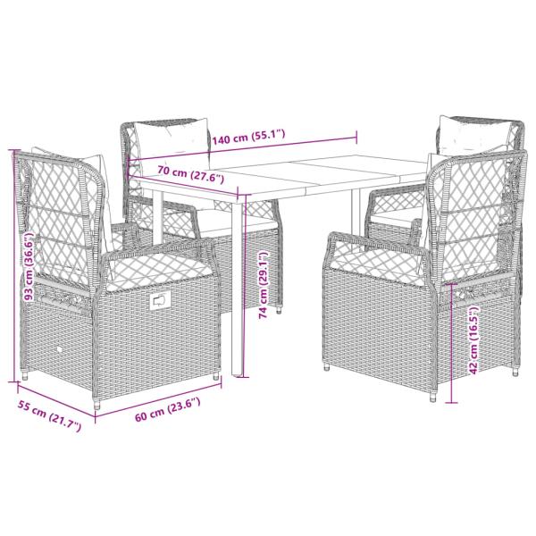 5-tlg. Garten-Essgruppe mit Kissen Braun Poly Rattan