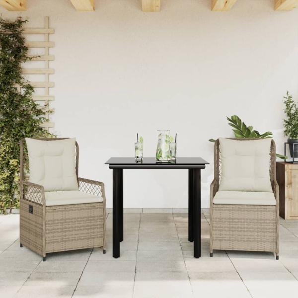 ARDEBO.de - 3-tlg. Garten-Essgruppe mit Kissen Beige Poly Rattan