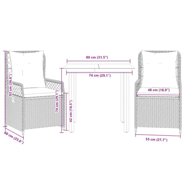 3-tlg. Garten-Essgruppe mit Kissen Beige Poly Rattan