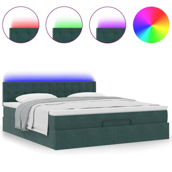 Ottoman-Bett mit Matratze & LEDs Dunkelgrün 160x200 cm Samt