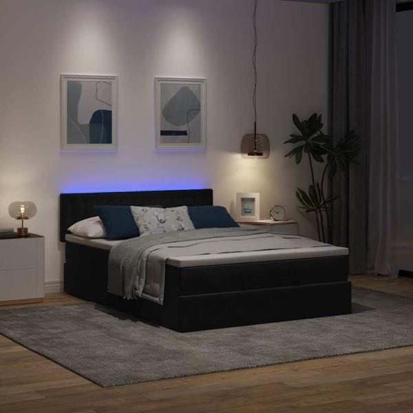 Ottoman-Bett mit Matratze & LEDs Schwarz 140x200 cm Samt