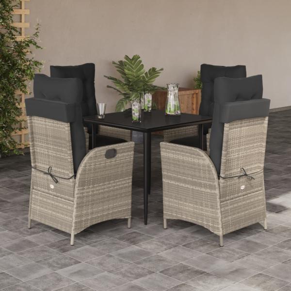 ARDEBO.de - 5-tlg. Garten-Essgruppe mit Kissen Hellgrau Poly Rattan