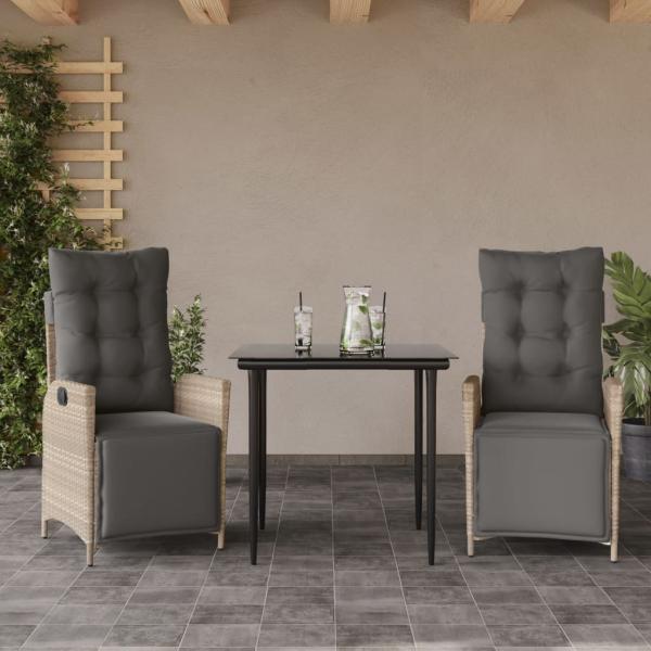 ARDEBO.de - 3-tlg. Garten-Essgruppe mit Kissen Hellgrau Poly Rattan