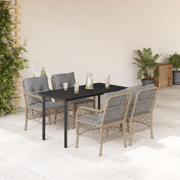 ARDEBO.de - 5-tlg. Garten-Essgruppe mit Kissen Beigemischung Poly Rattan