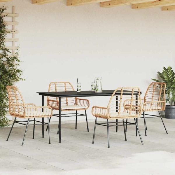5-tlg. Garten-Essgruppe mit Kissen Braun Poly Rattan Glas