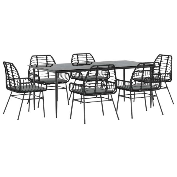 7-tlg. Garten-Essgruppe mit Kissen Schwarz Poly Rattan Glas