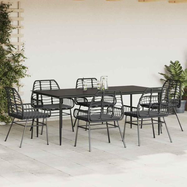 7-tlg. Garten-Essgruppe mit Kissen Schwarz Poly Rattan Glas