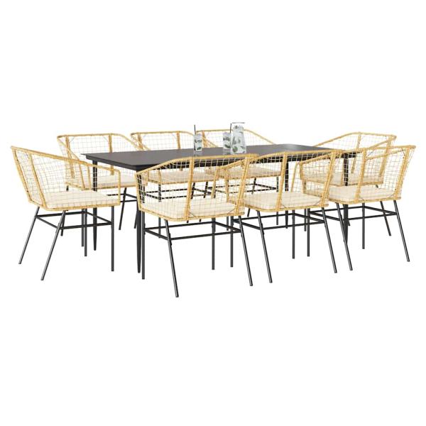 ARDEBO.de - 9-tlg. Garten-Essgruppe mit Kissen Braun Poly Rattan Glas
