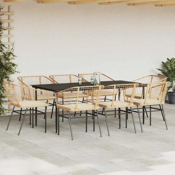 9-tlg. Garten-Essgruppe mit Kissen Braun Poly Rattan Glas