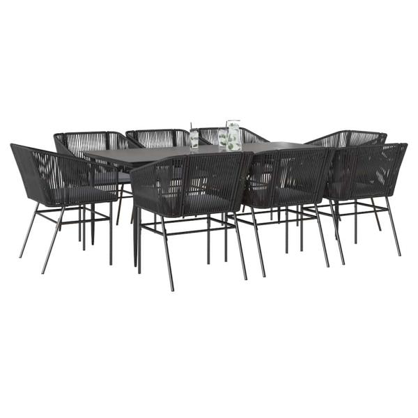 ARDEBO.de - 9-tlg. Garten-Essgruppe mit Kissen Schwarz Poly Rattan Glas