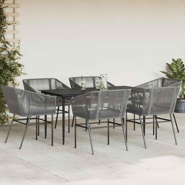 7-tlg. Garten-Essgruppe mit Kissen Grau Poly Rattan Glas