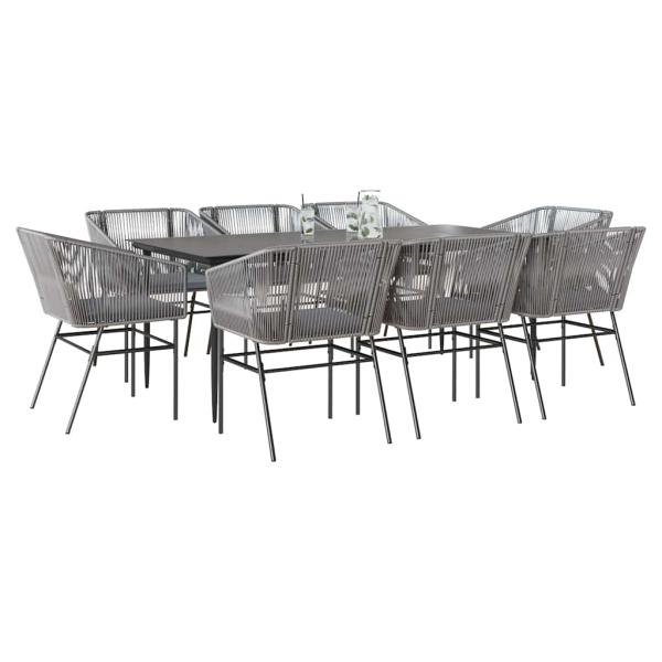 ARDEBO.de - 9-tlg. Garten-Essgruppe mit Kissen Grau Poly Rattan Glas