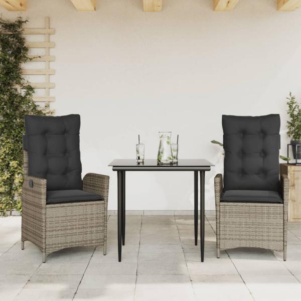 ARDEBO.de - 3-tlg. Garten-Essgruppe mit Kissen Grau Poly Rattan