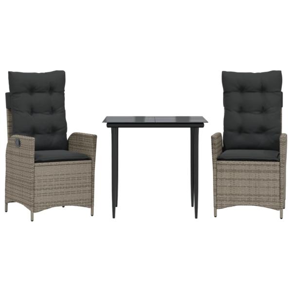 3-tlg. Garten-Essgruppe mit Kissen Grau Poly Rattan