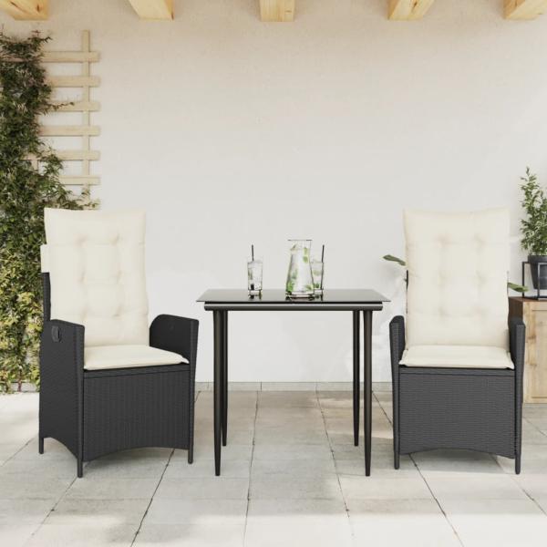 ARDEBO.de - 3-tlg. Garten-Essgruppe mit Kissen Schwarz Poly Rattan