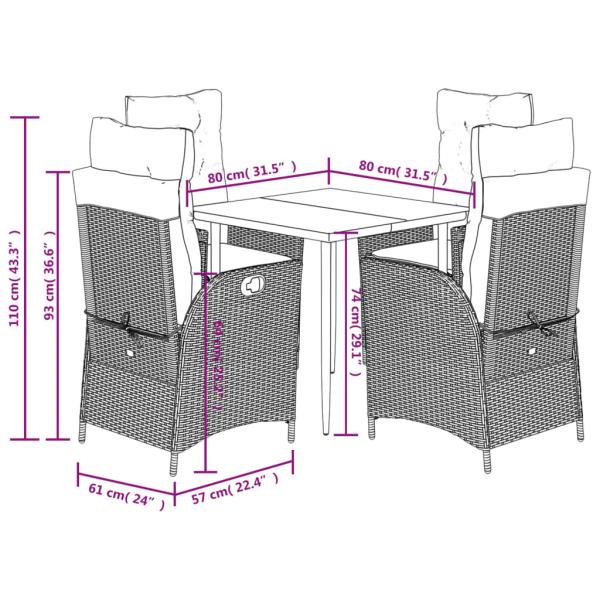 5-tlg. Garten-Essgruppe mit Kissen Braun Poly Rattan