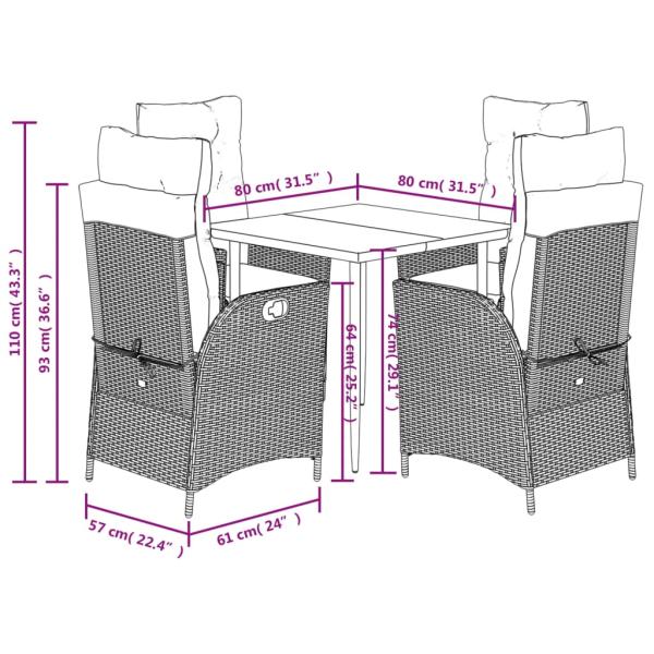 5-tlg. Garten-Essgruppe mit Kissen Braun Poly Rattan