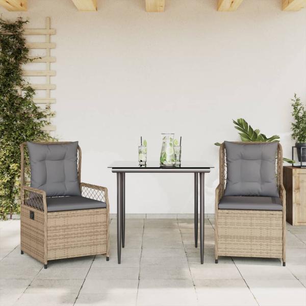 ARDEBO.de - 3-tlg. Garten-Essgruppe mit Kissen Beige Poly Rattan