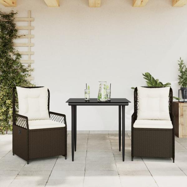 ARDEBO.de - 3-tlg. Garten-Essgruppe mit Kissen Braun Poly Rattan