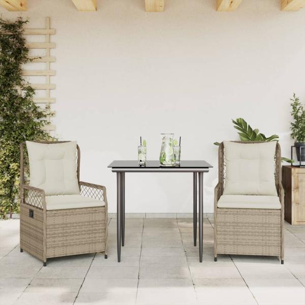 ARDEBO.de - 3-tlg. Garten-Essgruppe mit Kissen Beige Poly Rattan
