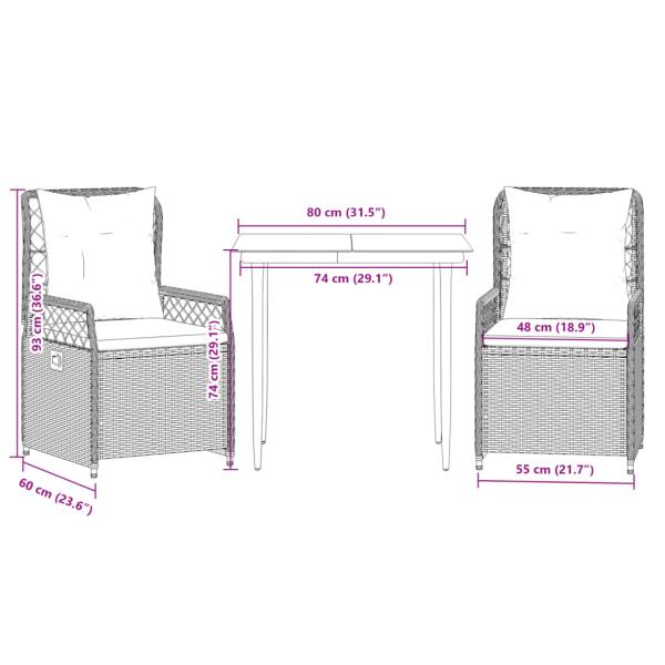3-tlg. Garten-Essgruppe mit Kissen Beige Poly Rattan