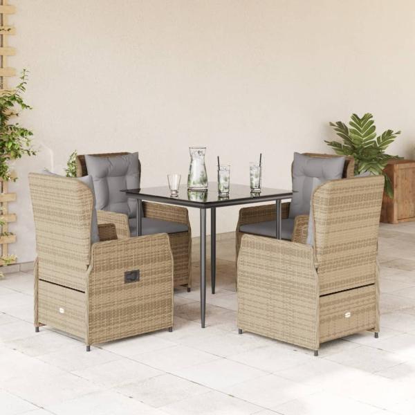 ARDEBO.de - 5-tlg. Garten-Essgruppe mit Kissen Beige Poly Rattan