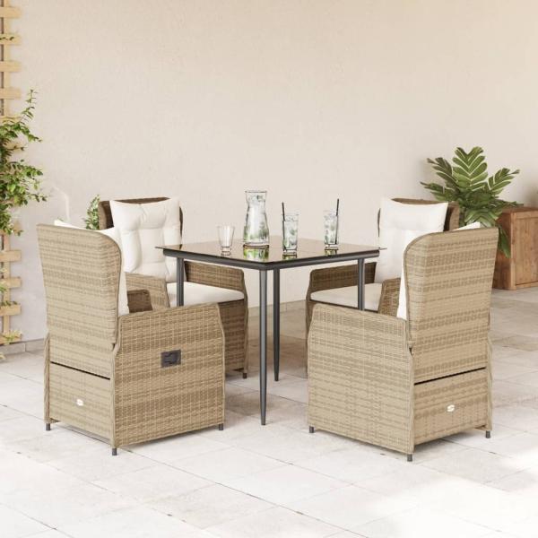 ARDEBO.de - 5-tlg. Garten-Essgruppe mit Kissen Beige Poly Rattan
