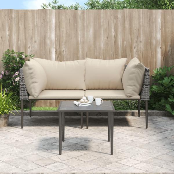 ARDEBO.de - 3-tlg. Garten-Lounge-Set mit Kissen Grau Poly Rattan