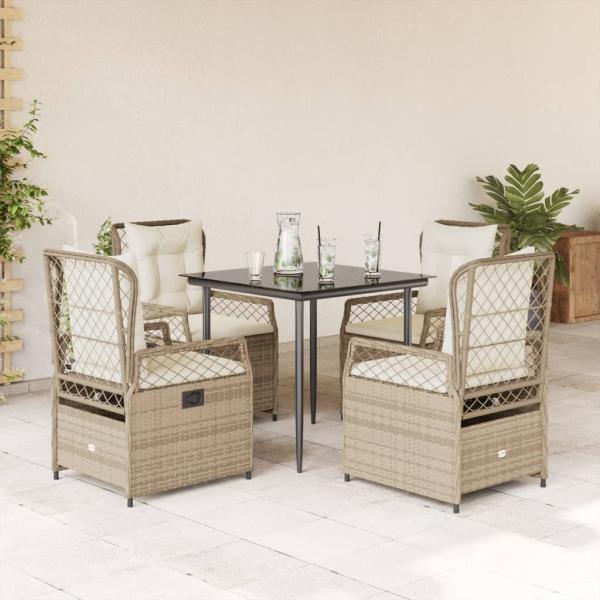ARDEBO.de - 5-tlg. Garten-Essgruppe mit Kissen Beige Poly Rattan