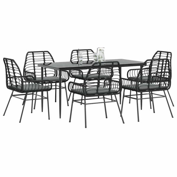 ARDEBO.de - 7-tlg. Garten-Essgruppe mit Kissen Schwarz Poly Rattan Glas