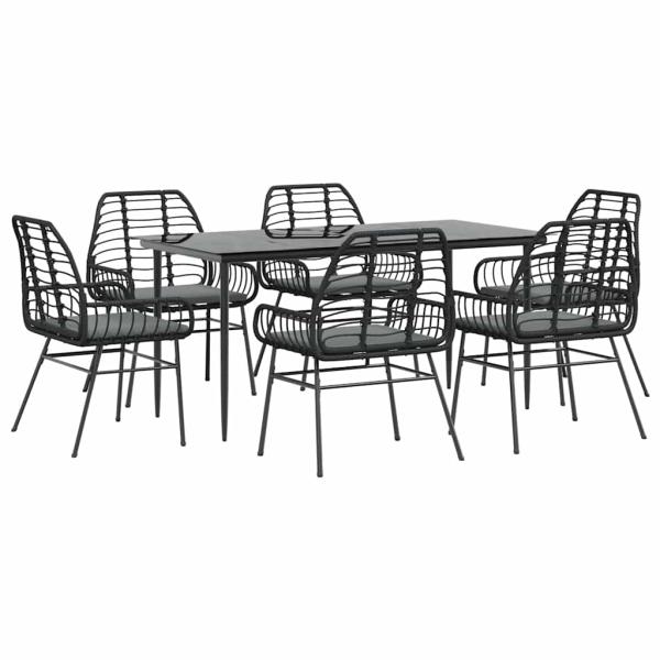 7-tlg. Garten-Essgruppe mit Kissen Schwarz Poly Rattan Glas