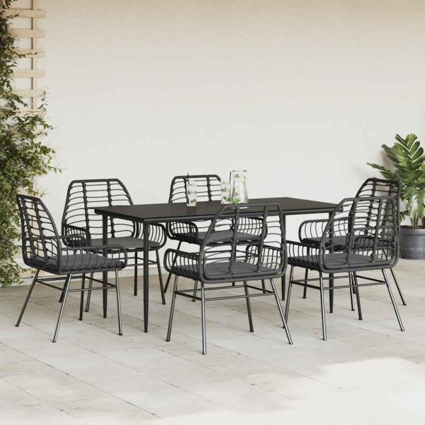 7-tlg. Garten-Essgruppe mit Kissen Schwarz Poly Rattan Glas