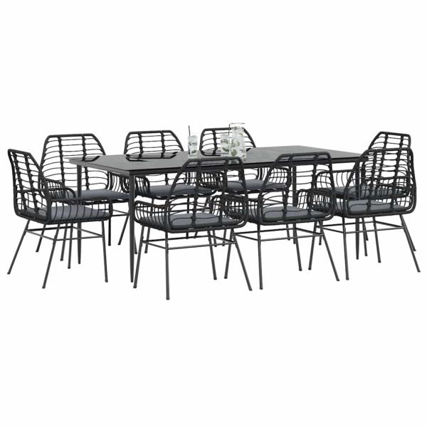 ARDEBO.de - 9-tlg. Garten-Essgruppe mit Kissen Schwarz Poly Rattan Glas