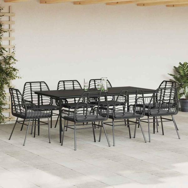 9-tlg. Garten-Essgruppe mit Kissen Schwarz Poly Rattan Glas
