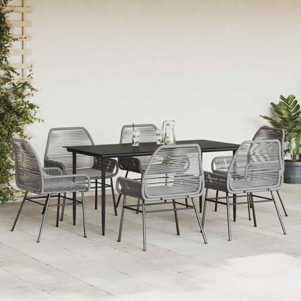 7-tlg. Garten-Essgruppe mit Kissen Grau Poly Rattan Glas