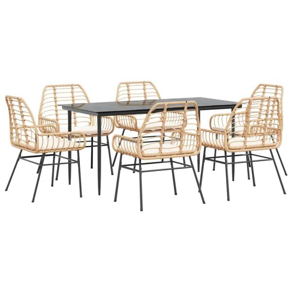7-tlg. Garten-Essgruppe mit Kissen Braun Poly Rattan Glas