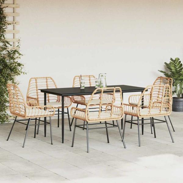 7-tlg. Garten-Essgruppe mit Kissen Braun Poly Rattan Glas