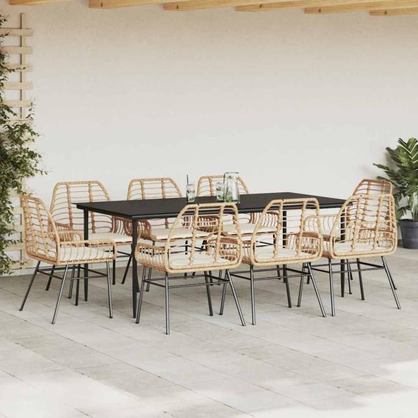 9-tlg. Garten-Essgruppe mit Kissen Braun Poly Rattan Glas