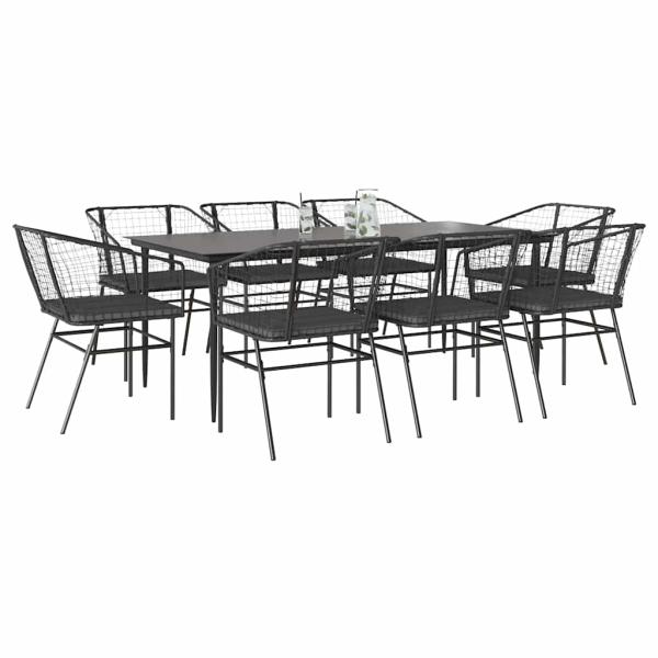 ARDEBO.de - 9-tlg. Garten-Essgruppe mit Kissen Schwarz Poly Rattan Glas