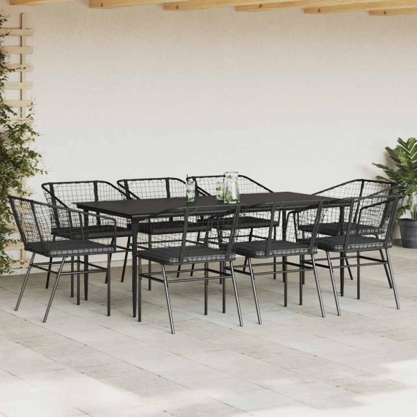 9-tlg. Garten-Essgruppe mit Kissen Schwarz Poly Rattan Glas