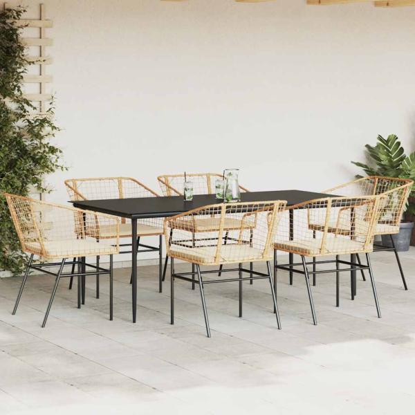 7-tlg. Garten-Essgruppe mit Kissen Braun Poly Rattan Glas