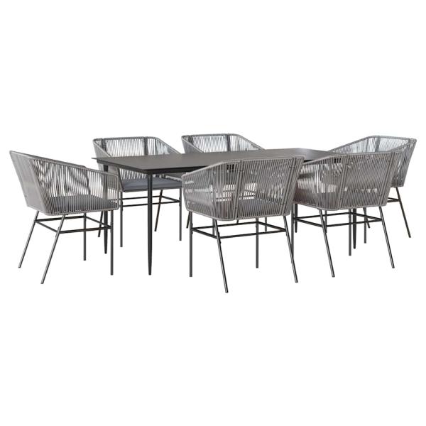 7-tlg. Garten-Essgruppe mit Kissen Grau Poly Rattan Glas